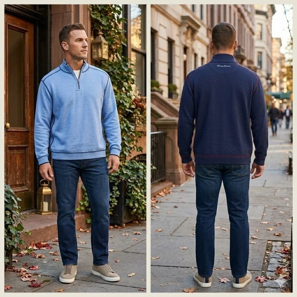 Tommy Bahama 1/4 Zip Pullover Sweater XL Blue Reversible Cotton Blend Ribbed